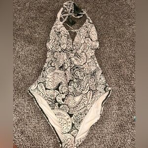Vince Camuto Cream and Black Paisley Swimsuit